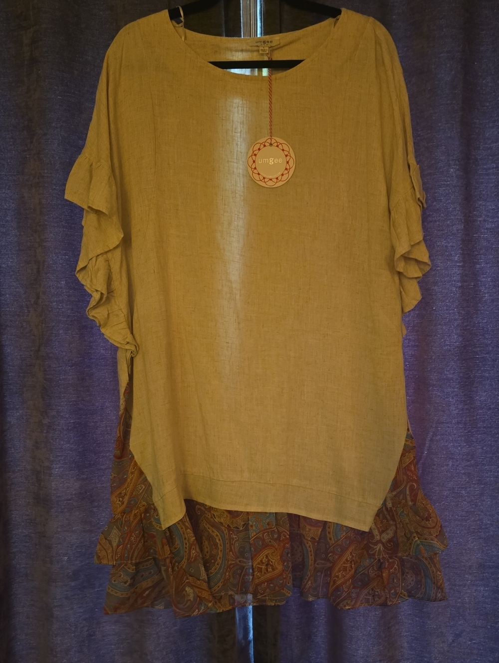 Umgee Mustard Ruffle Sleeve Tunic Dress with Paisley Hem